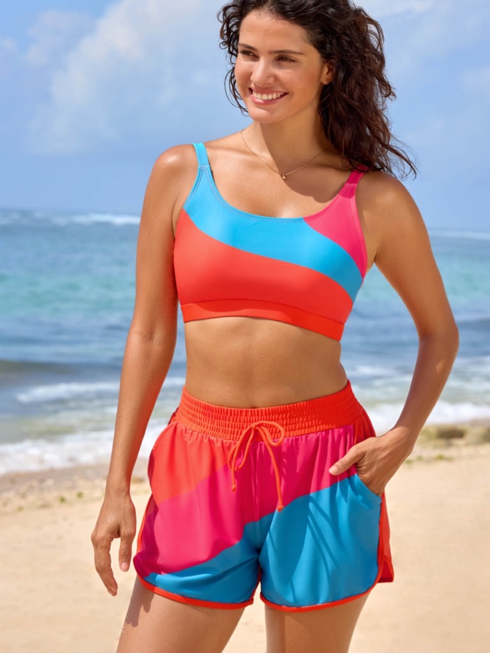 SeaFancy Colorblock Swim Top & Shorts Set - Coral, Turquoise, Pink